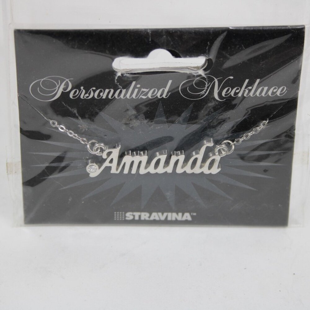 AMANDA Name Silvertone Rhinestone 14.5" w 4.5" Multi Ring Ext Necklace